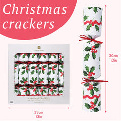 Holly White Christmas Crackers - 6 Pack | Christmas Decor |