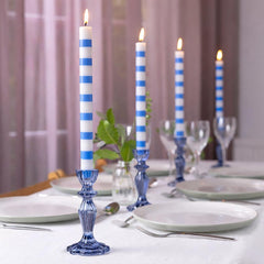 Blue & White Stripe Dinner Candles - 25 Unit Display | Outdoor Dining Decor |