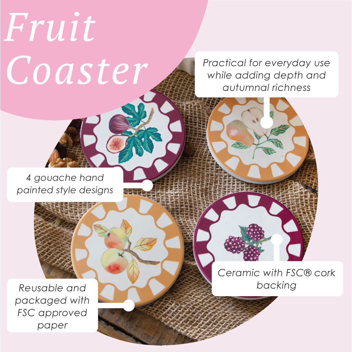 Autumnal Fruit Coasters - 20 Pack Display | Autumn Decor |