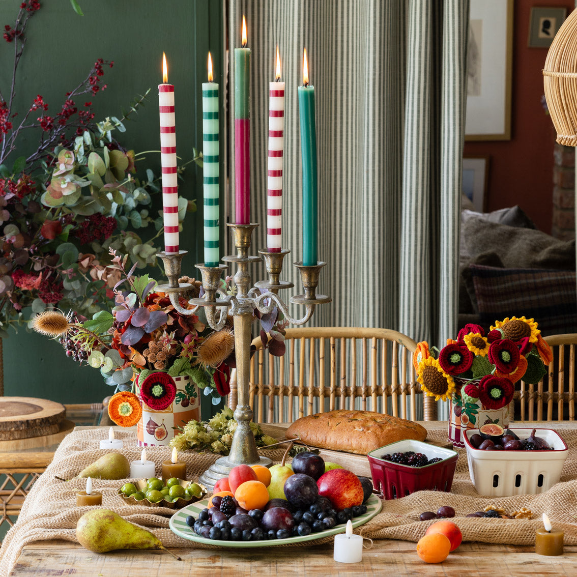 Burgundy & White Stripe Dinner Candles - 25 Unit Display | Home Decor |