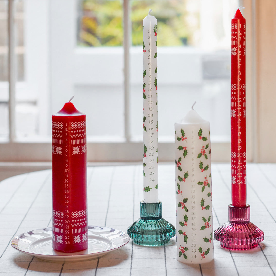 Holly Christmas Pillar Advent Candles | Christmas Countdown |