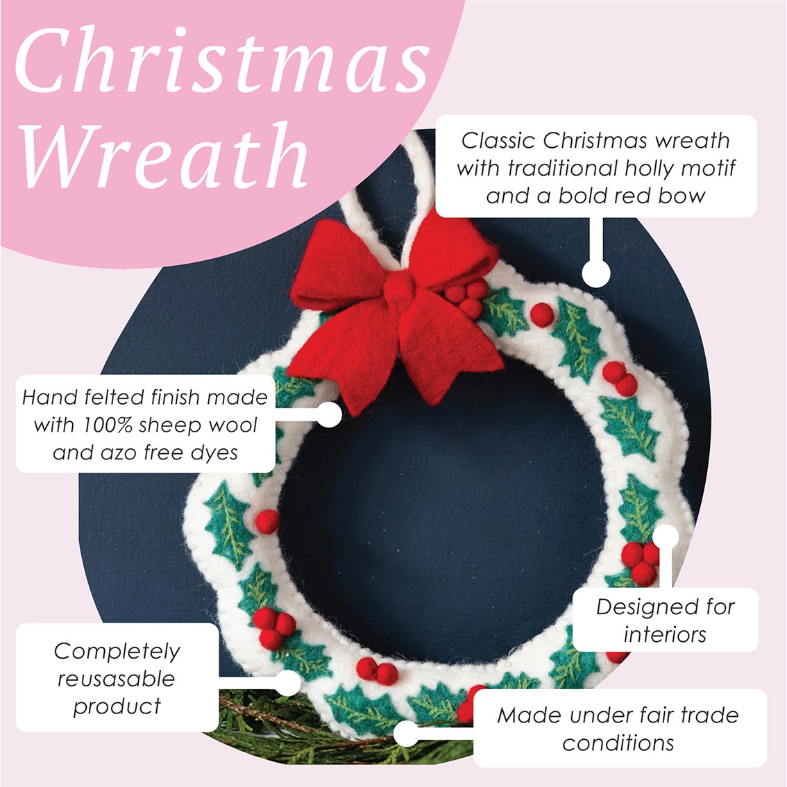 Holly Felt Christmas Wreath - 22cm | Christmas Decor |