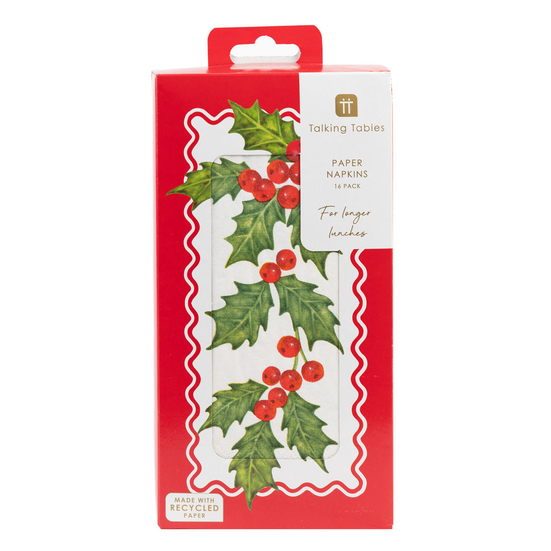 Holly Long Lunch Paper Napkins - 8 Pack Display | Christmas Decor |