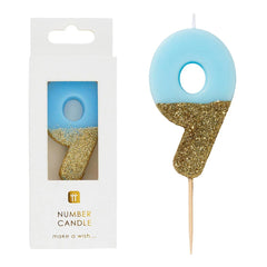 Blue Glitter Number Candle - 9