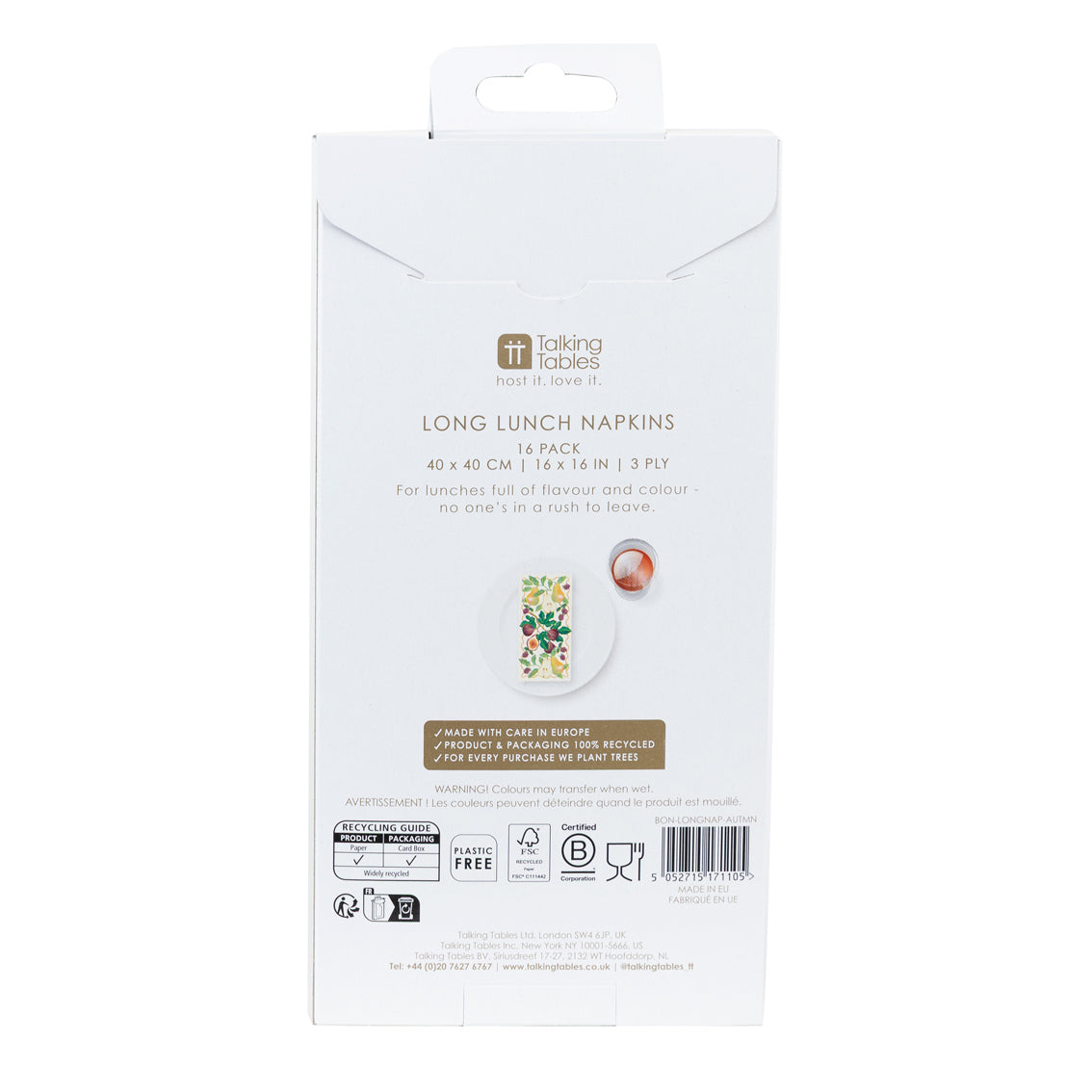 Autumnal Fruit Long Lunch Paper Napkins - 8 Pack Display | Autumn Decor |