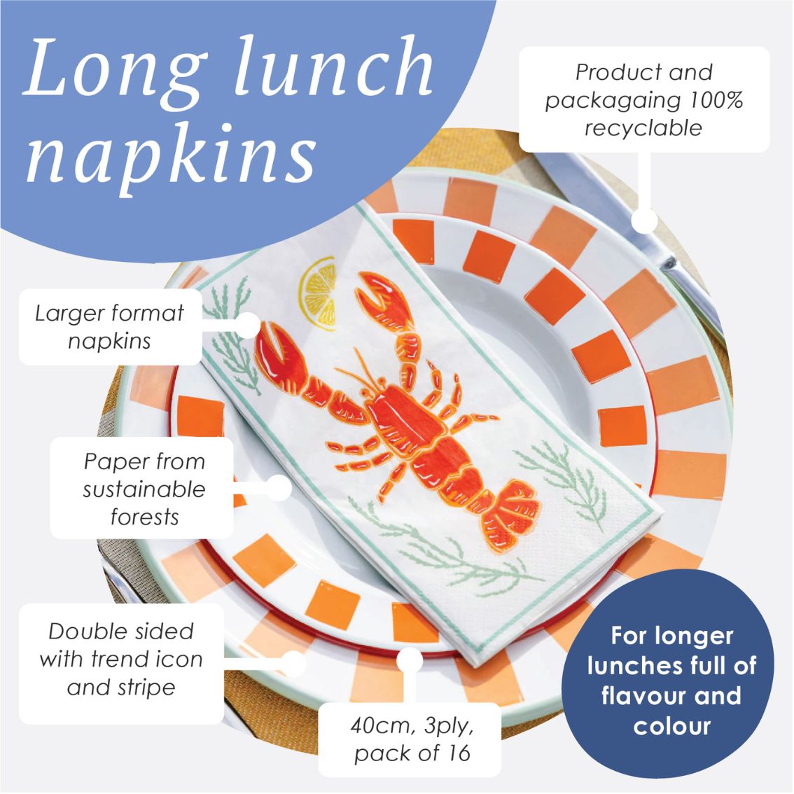 Lobster Long Lunch Paper Napkins - 8 Pack Display | Nautical Gifts |