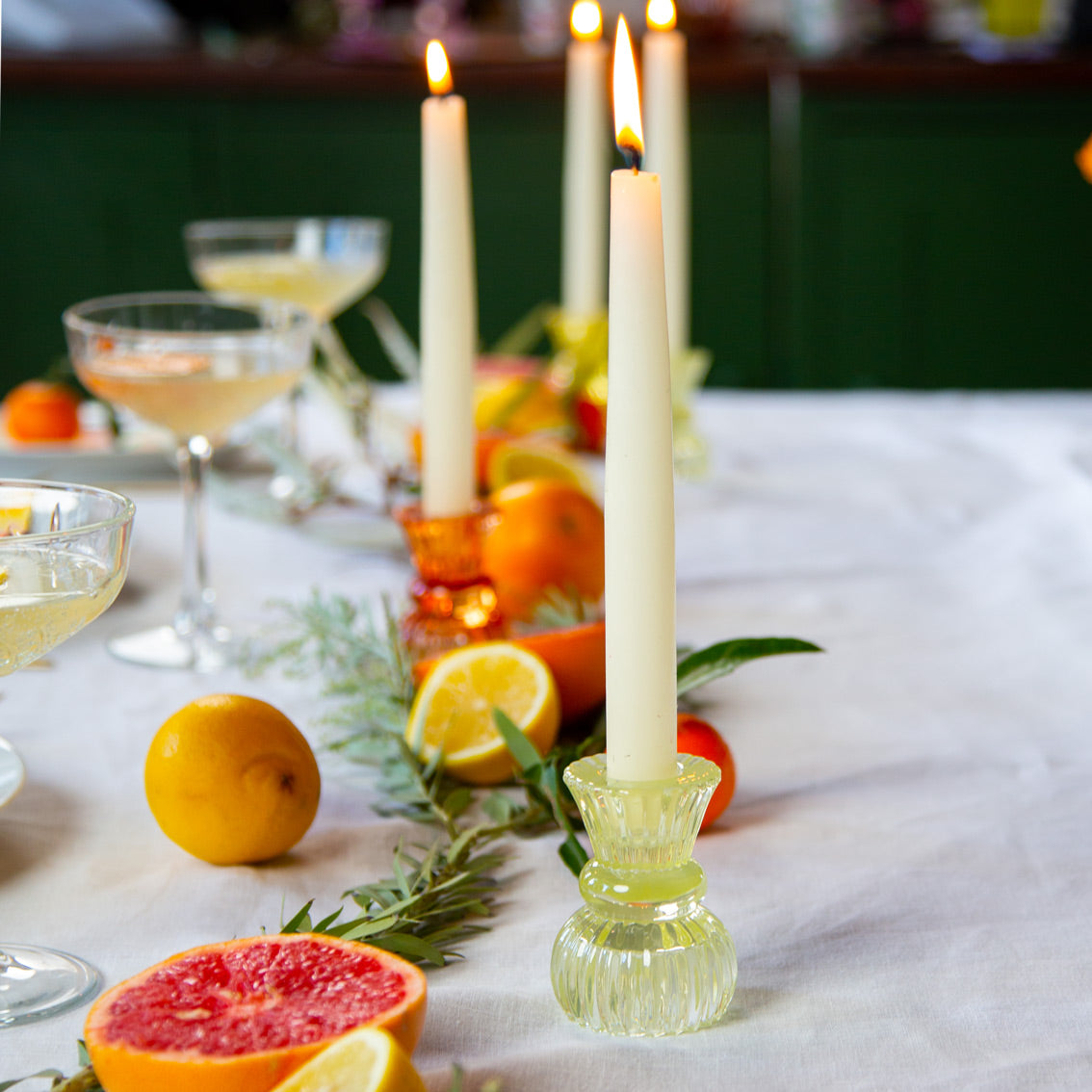 Green Glass Dinner Candle & Tealight Holder | Outdoor Dining Decor |