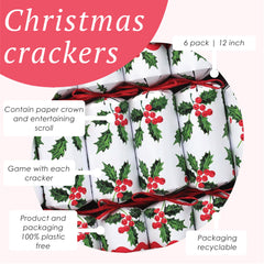 Holly White Christmas Crackers - 6 Pack |  Christmas Decor |