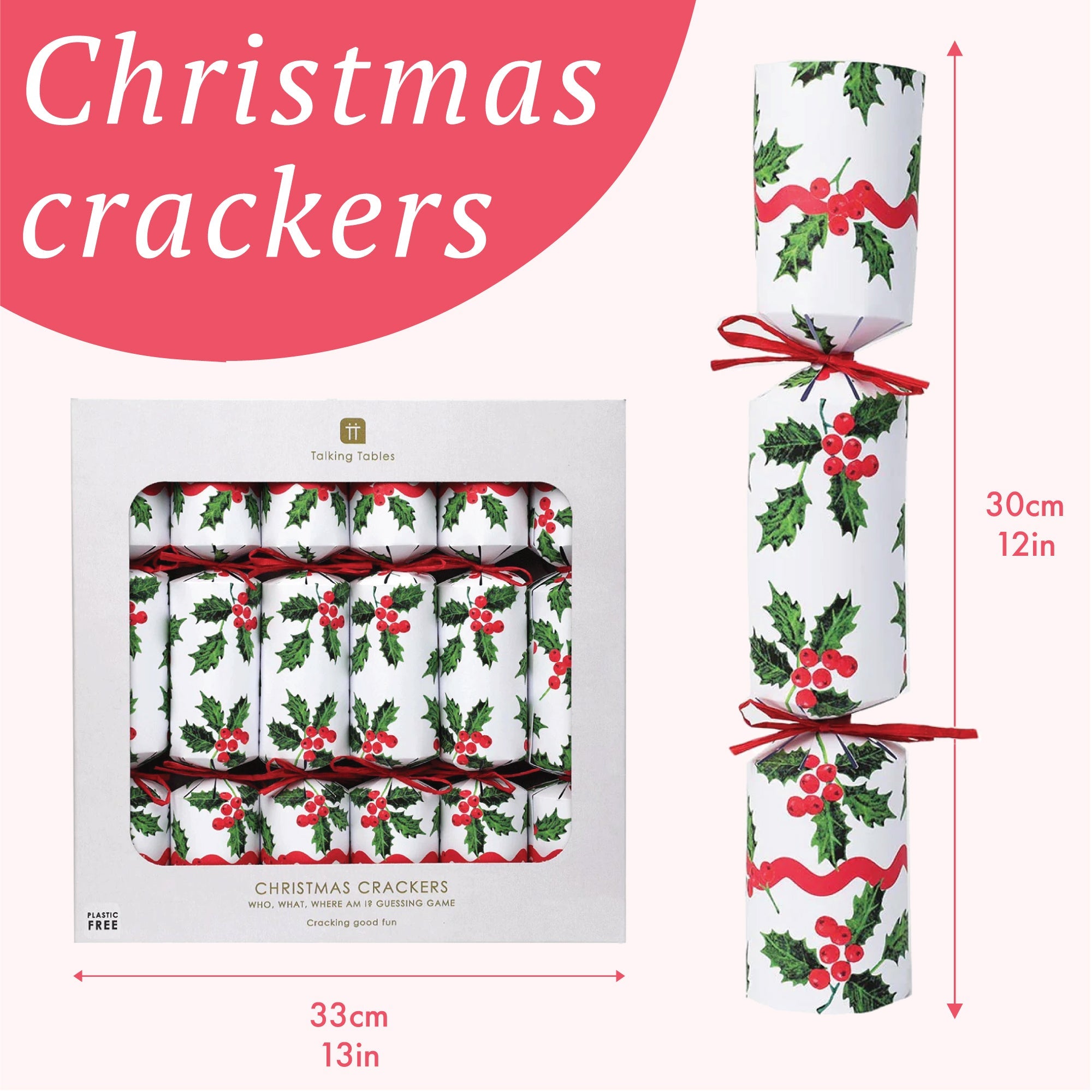 Holly White Christmas Crackers - 6 Pack |  Christmas Decor |
