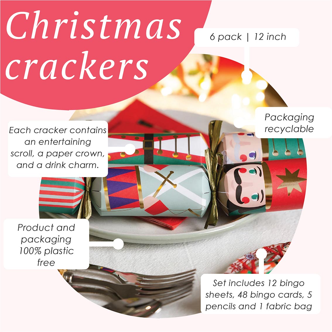 Nutcracker 3 Design Christmas Crackers - 6 Pack | Christmas Decor |