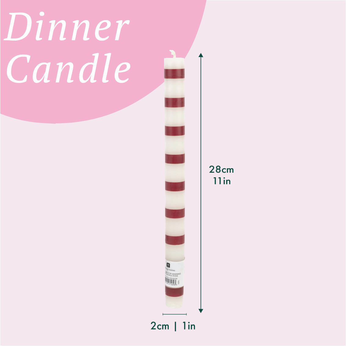 Burgundy & White Stripe Dinner Candles - 25 Unit Display | Home Decor |