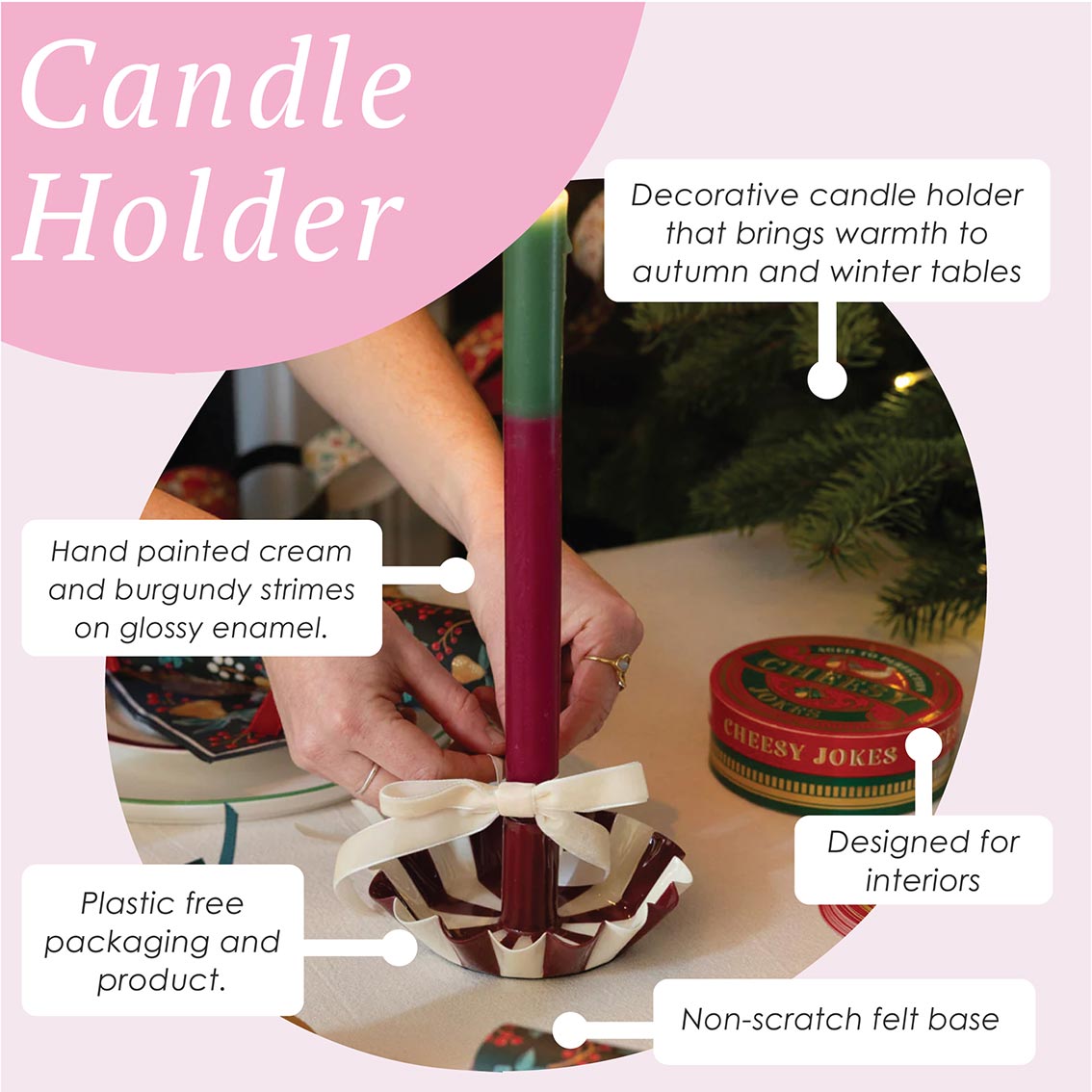 Burgundy Stripe Scalloped Candle Holder | Christmas Candle Holder |