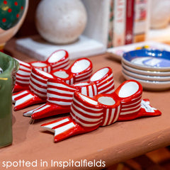 Hand-Painted Red Bow Ceramic Candle Holder | Christmas Decor |