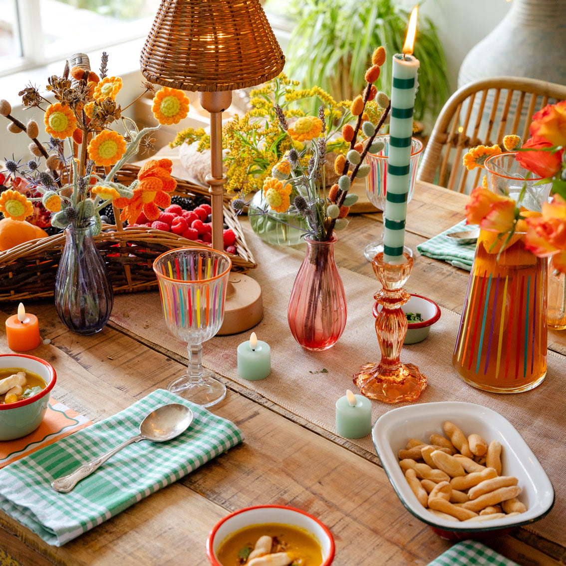 Green Stripe Straight Dinner Candles - 25 Unit Display | Outdoor Dining Decor |