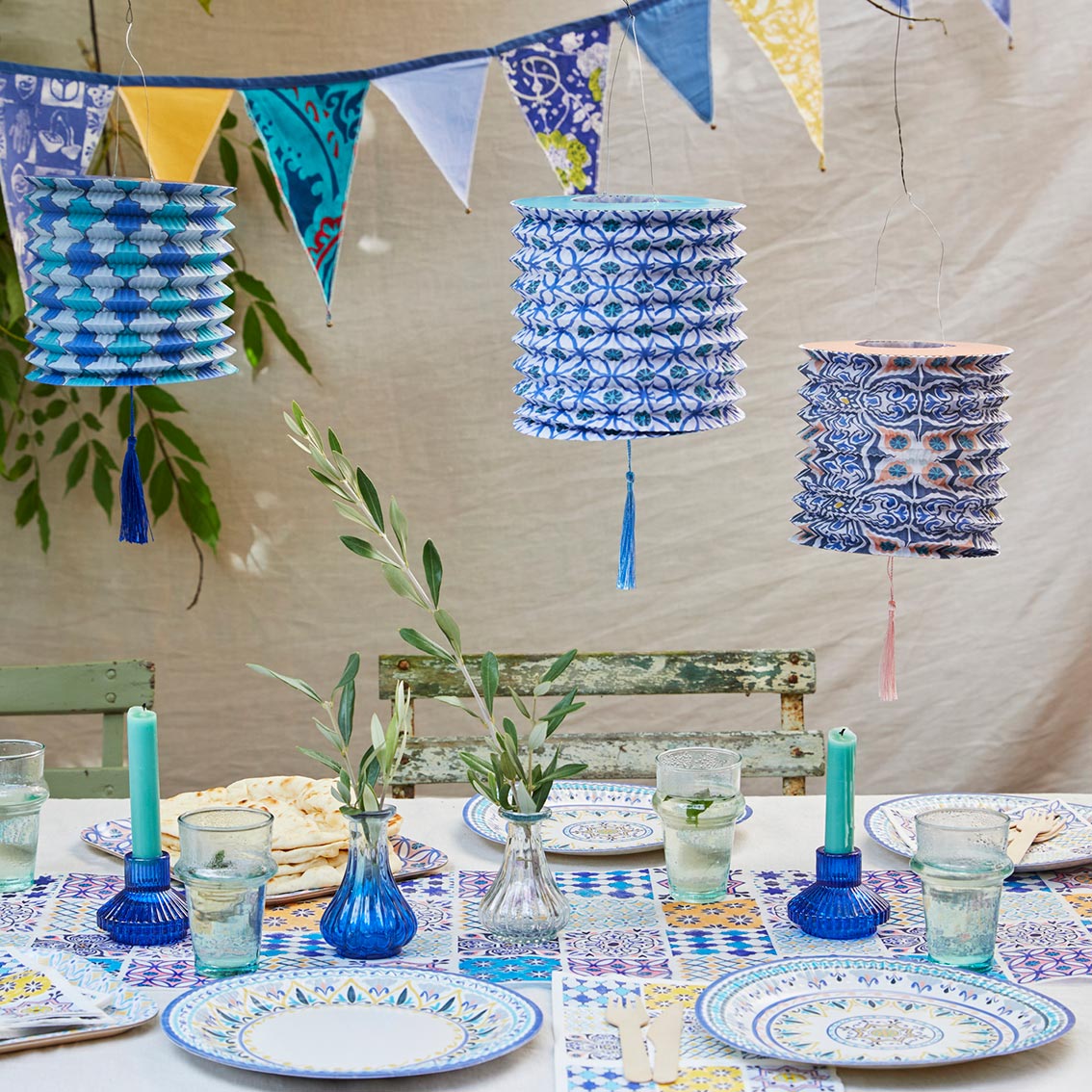 Moroccan Souk Blue Hanging Paper Lanterns - 3 Pack | Outdoor Home Decor |