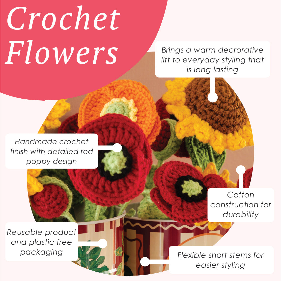 Handmade Red Poppy Crochet Sprigs Bundle - 18cm | Home Decor |